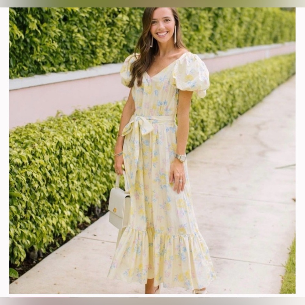 Loveshackfancy yellow floral tie waist ruffle puff sleeve dress size8 multicolor